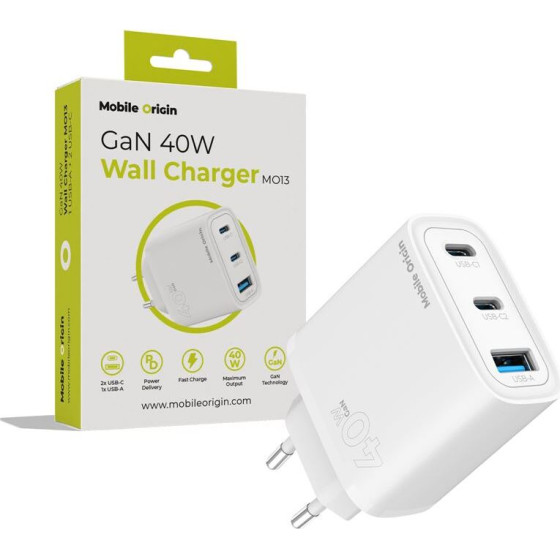 Mobile Origin GaN 40W Wall Charger MO13, white 1 USB-A + 2 USB-C - (FRL-GAN40W-MO13)