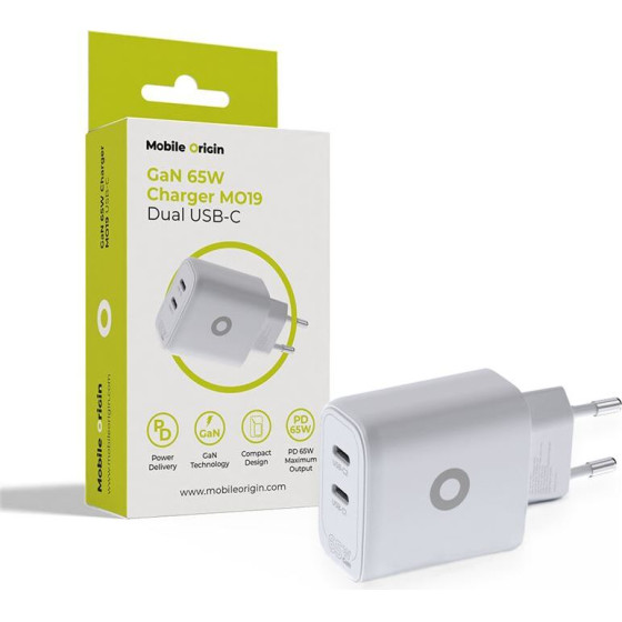 Mobile Origin GaN 65W Charger TUV, MO19 - Dual USB-C - (MO-GAN65W-MO19)