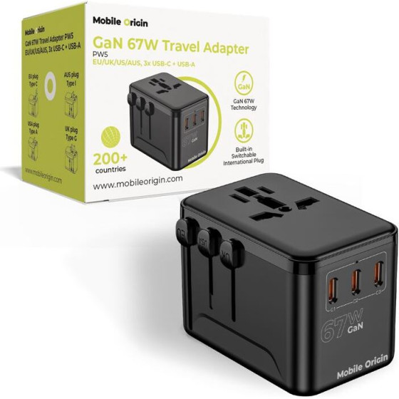 Mobile Origin GaN 67W Travel Adapter PW5 EU/UK/US/AUS, 3x USB-C + USB-A - (MO-TRA67-PW5)
