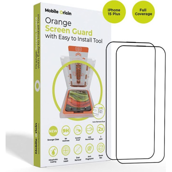 Mobile Origin Orange Screen Guard iPhone 15 Plus with easy applicator, 2 pack - (SGA-F-i15Plus-2pk)