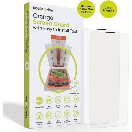 Mobile Origin Orange Screen Guard iPhone 15 Pro Max/15 Plus with easy applicator, 2 pack - (SGA-i15ProMax-2pk)