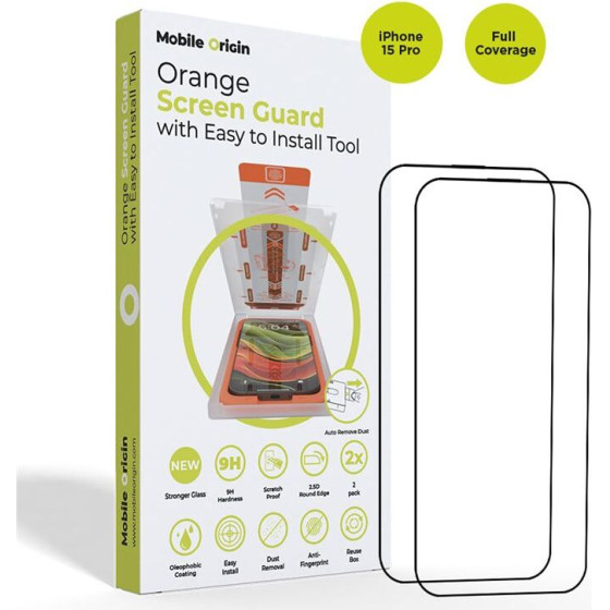 Mobile Origin Orange Screen Guard iPhone 15 Pro with easy applicator, 2 pack - (SGA-F-i15Pro-2pk)