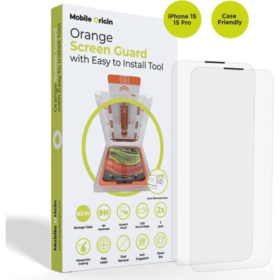 Mobile Origin Orange Screen Guard iPhone 15 Pro/15 with easy applicator, 2 pack - (SGA-i15Pro-2pk)