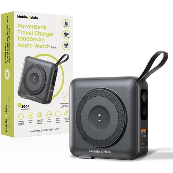Mobile Origin PowerBank & Travel Charger, Lightning/USB-C Cable, MagSafe AW/iPhone Compatible, black - (PBT-03L-BLK)