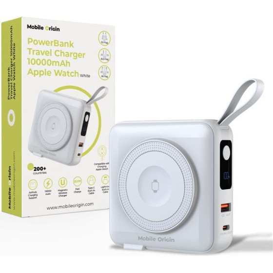 Mobile Origin PowerBank & Travel Charger, Lightning/USB-C Cable, MagSafe/AW/iPhone Compatible, white - (PBT-03L-WHT)