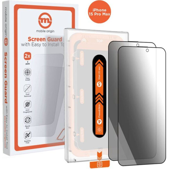 Mobile Origin Privacy Screen Guard iPhone 15 Pro Max with easy applicator, 2 pack - (SGA-FP-i15ProMax-2pk)