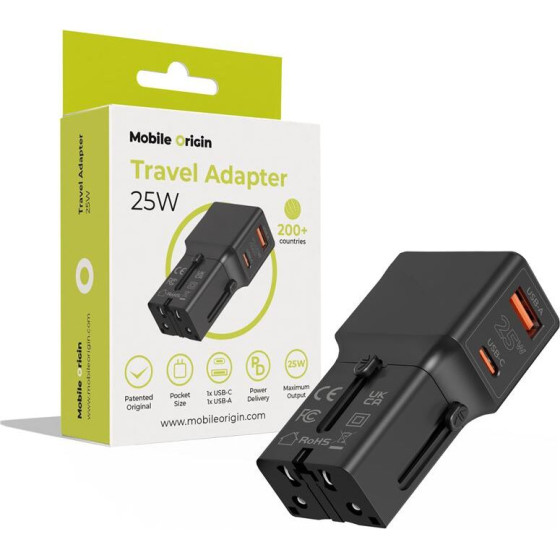 Mobile Origin Travel adapter 25W, EU/US/UK/AU, black - (TAD25-2P-BLK)