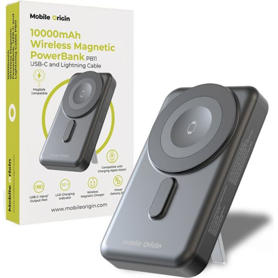 Mobile Origin Wireless Magnetic PowerBank 10000mAh, USB-C and Lightning Cable PB11 - (MO-WMP-PB11)