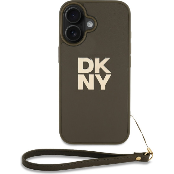 DKNY Case Apple iPhone 16, PU Leather Stack Logo + Wrist Strap, green - DKHCP16SPBSWSA
