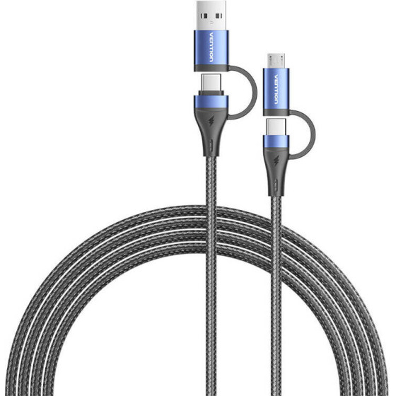 Vention Cable 4 In 1, USB-A+Type-C To Type-C+Micro USB, 1 m, 100W /black+blue/