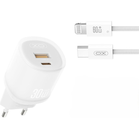 XO 220V 30W, USB-A + USB-C + Cable Type-C -Lightning, L151 /white/