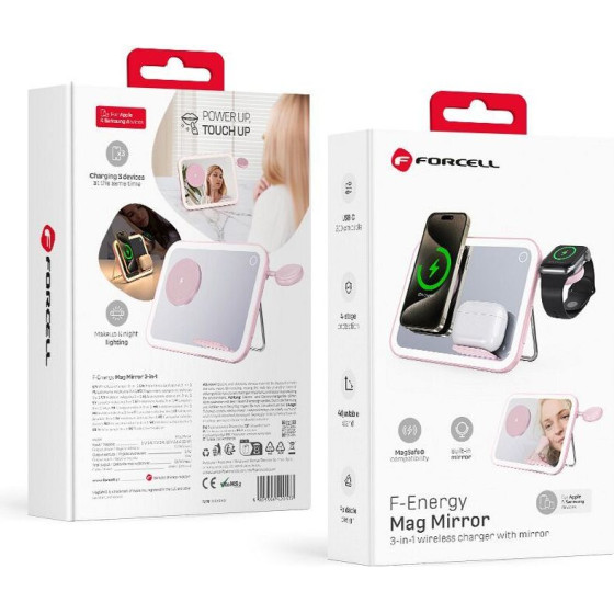 FORCELL F-Energy Mag Mirror 15W 3 In 1 Wireless Charger Compatible With Magsafe / Apple Watch / Samsung Watch / Airpods pink