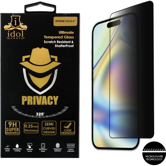 Idol 1991 Tempered Glass Iphone 17e 6.1'' 9H 0.25mm Privacy Antispy Semi Curved Full Glue BLACK