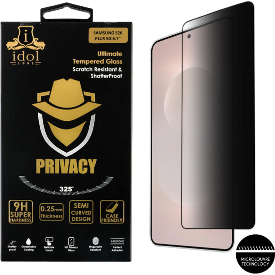 Idol 1991 Tempered Glass Samsung S26 Plus 5G 6.7'' 9H 0.25mm Privacy Antispy 3D Semi Curved Edge Glue Finger Unlock BLACK