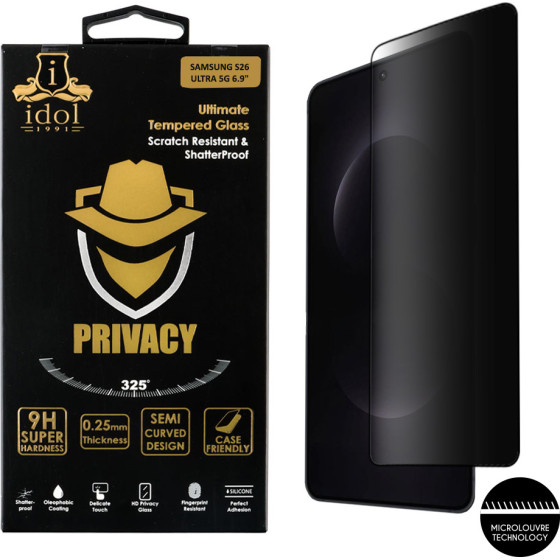 Idol 1991 Tempered Glass Samsung S26 Ultra 5G 6.9'' 9H 0.25mm Privacy Antispy 3D Semi Curved Edge Glue Finger Unlock BLACK