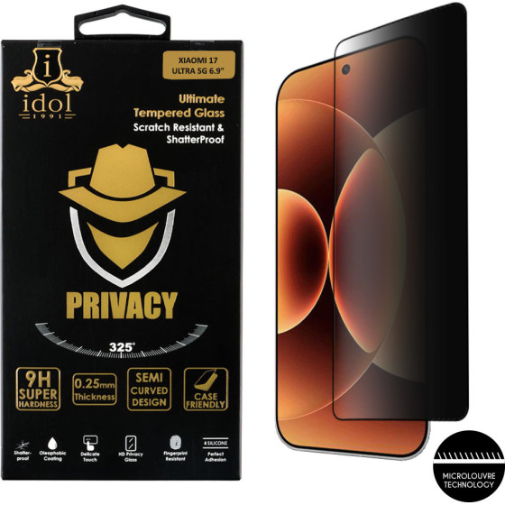 Idol 1991 Tempered Glass Xiaomi 17 Ultra 5G 6.9'' 9H 0.25mm Privacy Antispy Semi Curved Finger Unlock Full Glue BLACK