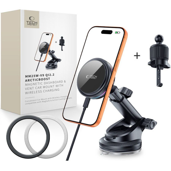 Tech-Protect V9 Arcticboost Magnetic Magsafe Dashboard & Vent Car Mount Wireless Charger 25W QI2.2 BLACK