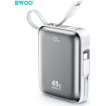 BWOO 20000mAh Fast Charging Power Bank PD45W With 2 Cables Type C And Lightning P78 silver