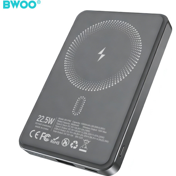 BWOO P82 Bo 10000mAh 15w Power Bank Wireless Charging Dark grey