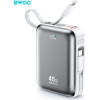 BWOO Power Bank P77 45W, 10000 Mah With USB-C And Lightning cable, grey