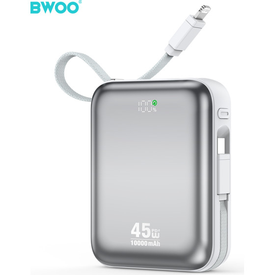 BWOO Power Bank P77 45W, 10000 Mah With USB-C And Lightning cable, grey