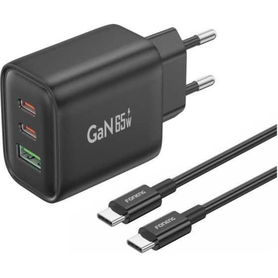 Foneng ��������� �������� ������� �������� GaN10-Eu �� ������ ����� Usb A & 2xUsb C Gan 65W & ������� Usb C �� Usb C 1m ����� - (GaN10)