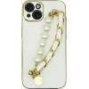 Vivid Silicone Case Pearl Chain Holder Apple Iphone 15 White/Gold - (CS-Fshn HLD-2403006)