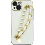 Vivid Silicone Case Pearl Chain Holder Apple Iphone 15 White/Gold - (CS-Fshn HLD-2403006)