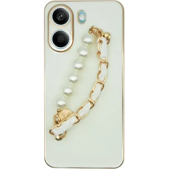 Vivid Silicone Case Pearl Chain Holder Redmi Note 13 5G White/Gold - (CS-Fshn HLD-2403010)