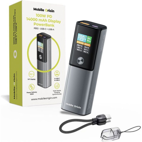 Mobile Origin 100W Pd 14000mAh Display Powerbank PB12 - USB-C + USB-A - (MO-100WPD-PB12)