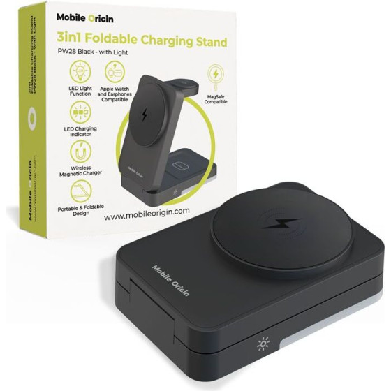 Mobile Origin 3in1 Foldable Charging Stand With light, PW28, Black - (MO-FCHS-PW28-BLK)