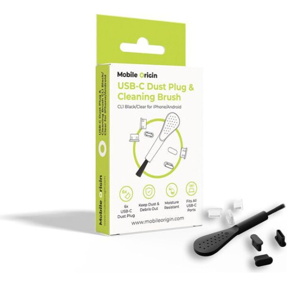 Mobile Origin USB-C Dust Plug & Cleaning Brush CL1 Black/Clear For iPhone/Android - (MO-CL1-BLK-CLR)