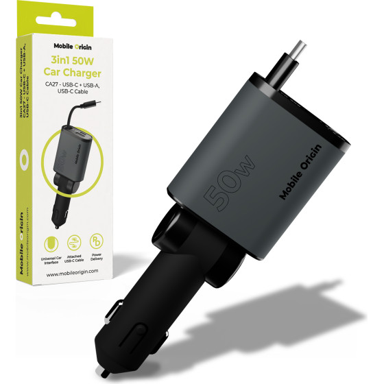 Mobile Origin 3in1 50W Car Charger CA27 - USB-C + USB-A, USB-C Cable - (MO-CCH-CA27)