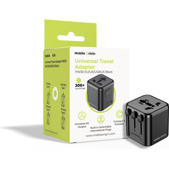 Mobile Origin Universal Travel Adapter PW30 EU/UK/US/Aus Black - (MO-UTRA-PW30-BLK)