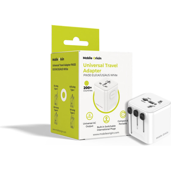 Mobile Origin Universal Travel Adapter PW30 EU/UK/US/Aus White - (MO-UTRA-PW30-WHT)