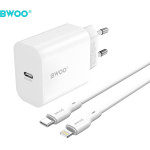 BWOO Wall Charger CDA233 Pd 20W 1x USB-C With USB-C - Lightning Cable white