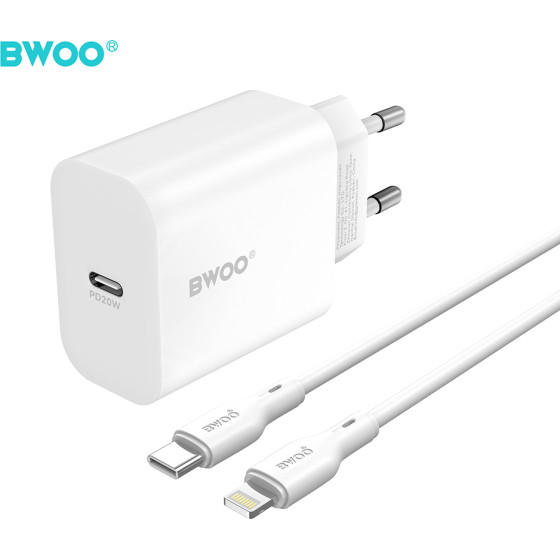 BWOO Wall Charger CDA233 Pd 20W 1x USB-C With USB-C - Lightning Cable white