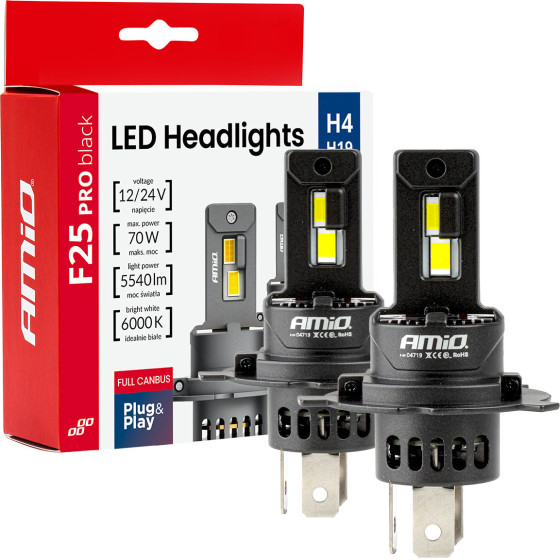 AMiO - ��������� Led F25 Pro Black Edition H4/H19 70W 12-24V Full Can Bus �� ����������� 8000lm �� ����� ����� 6000K ��� ��������� ���������� & ������� - ��� 2 ���. (04719/AM) - (04719)