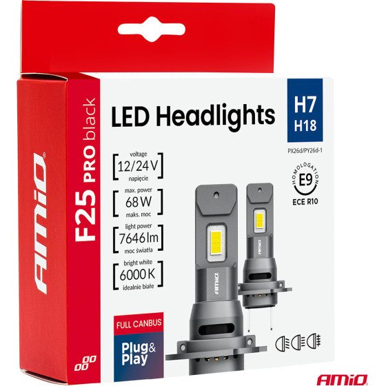 AMiO - ��������� Led F25 Pro Black Edition H7 68W 12-24V Full Can Bus �� ����������� 7646lm �� ����� ����� 6000K ��� ��������� ���������� & ������� - ��� 2 ���. (04720/AM) - (04720)