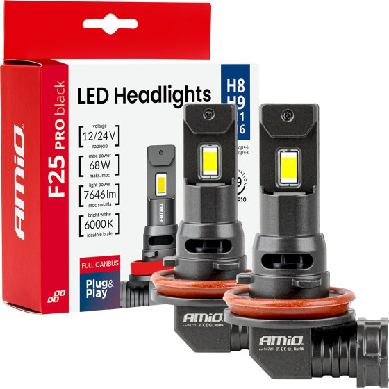 AMiO - ��������� Led F25 Pro Black Edition H8/H9/H11/H16 68W 12-24V Full Can Bus �� ����������� 7646lm �� ����� ����� 6000K ��� ��������� ���������� & ������� - ��� 2 ���. (04721/AM) - (04721)