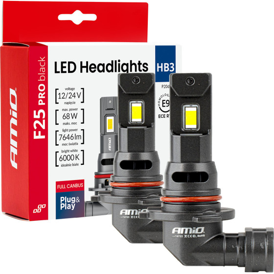AMiO - ��������� Led F25 Pro Black Edition HB3 (9005) 68W 12-24V Full Can Bus �� ����������� 7646lm �� ����� ����� 6000K ��� ��������� ���������� & ������� - ��� 2 ���. (04722/AM) - (04722)