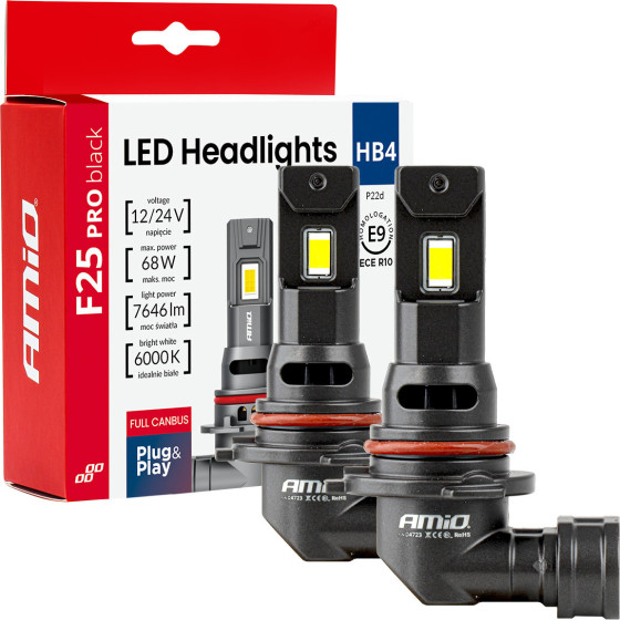 AMiO - ��������� Led F25 Pro Black Edition HB4 (9006) 68W 12-24V Full Can Bus �� ����������� 7646lm �� ����� ����� 6000K ��� ��������� ���������� & ������� - ��� 2 ���. (04723/AM) - (04723)