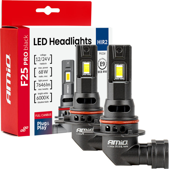 AMiO - ��������� Led F25 Pro Black Edition HIR2 (9012) 68W 12-24V Full Can Bus �� ����������� 7646lm �� ����� ����� 6000K ��� ��������� ���������� & ������� - ��� 2 ���. (04724/AM) - (04724)