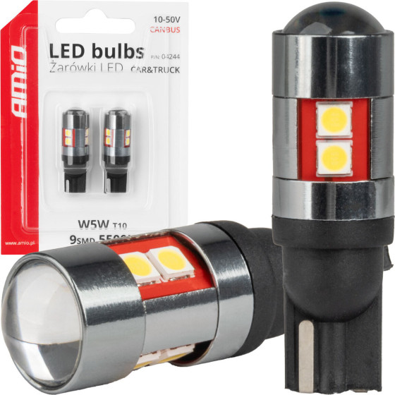 AMiO - ������ Led Can Bus T10 W5W (W2.1x9.5d) Universal ��� ��������� ���������� & ������� �� ���� 12V-48V & 9xSmd 3030 �� ����� �������� 5500K Chrome/Black - ��� 2 ���. (04244/AM) - (04244)