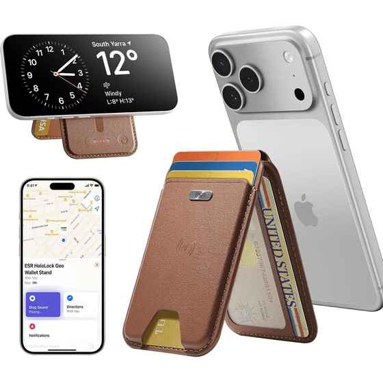 ESR - Geo Magnetic Wallet Stand - MagSafe, Vegan Leather, With 3x Card Slots, Rfid Blocking Tech - Brown - (2K65703)
