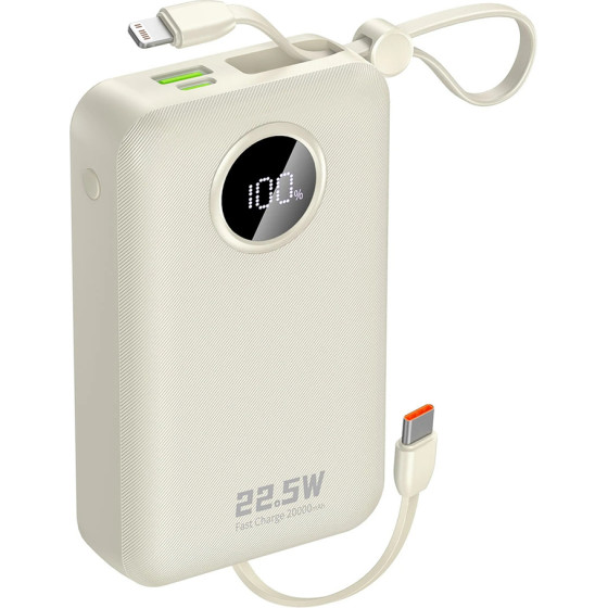 Dudao K14+ Powerbank 20000mAh 22.5W USB-C / USB-A / Built-in Lightning and USB-C Cables - White - (K14+ white)