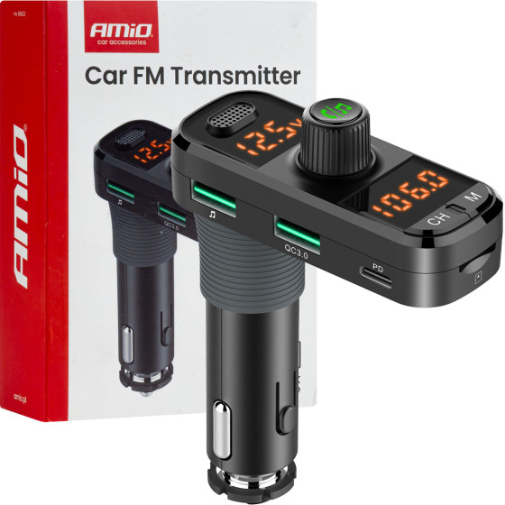 Amio - FM Transmitter �������� ����� FMT06 ���� ����������� 12-24V �� 2xUSB Type-A, 1xUSB Type-C ��� ������� microSD ��� ��������� ���������� ��� ������� - 1 ���. (04653/AM) - (04653)