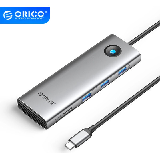 Orico Docking Station Type-C - HDMI x 1, VGA x 1, USB3.0 x 3, USB-C PD100W x 1, LAN x 1 (1Gbps), SD/TF - (PW11-9P-GY-EP)