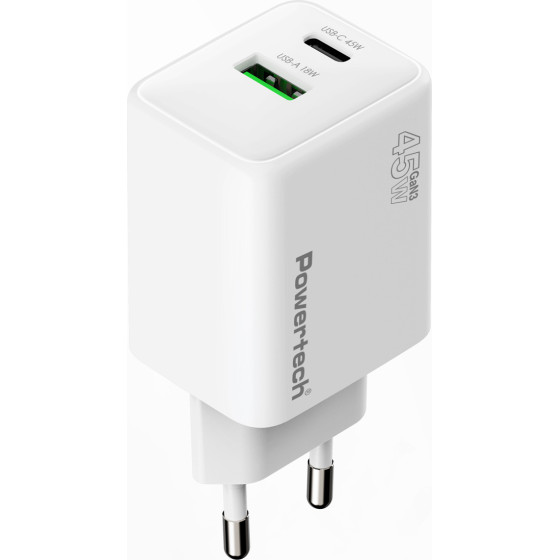 Powertech ��������� ������ USB/USB-C, 45W, GaN, AVS, ������ - (PT-1551)