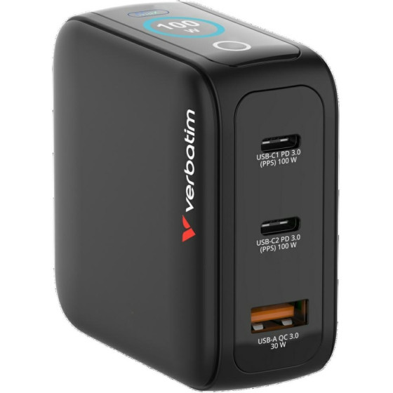 Verbatim Mini Gan Mains Charger 100W 2xUSB-C PD/1x USB-A Qc EU/UK/Usa Adapter Black - (30239)